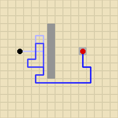 The ant's path from above, x across and y down, the line darkening as it goes: the ant starts at the black dot, the player is the red.