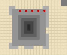 The nest from above (x across, y down), blocks grey by their top height; the homes in red. Every home cell has blocks over it and none on the ground.