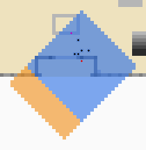 The city from above (x across, y down) around the cells this frame read, blocks grey by height, outside the walls white: the 512 cells read for the places tinted blue, the five further rows orange. The player is the red dot, the girl the purple, the ants black -- and the ants are in the map, as blocks (see below).