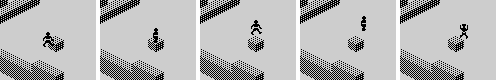 Climbing a one-block wall with V and C held, a frame a picture: up, onto the wall, up again, forward into the air, and down.