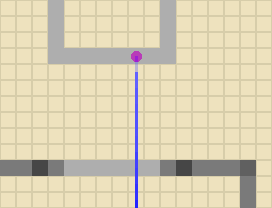 The run from above, x across and y down: the player's path darkening as it goes, the girl's fainter; she waited at the purple dot.