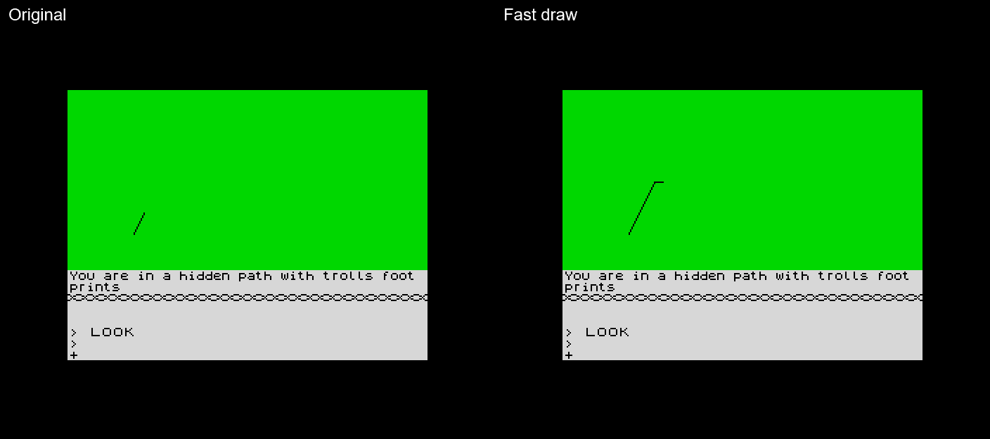 Location 6, the hidden path with trolls' footprints, the slowest picture in the game: 11.7 s, and 1.04 s patched.