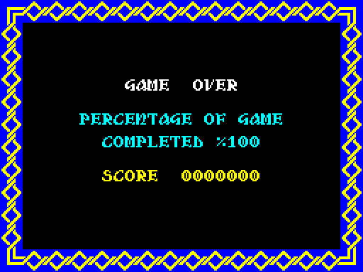 The game-over screen at a hundred per cent with the poke: COMPLETED 100