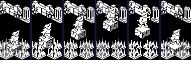 The lift in room 54, with him on it, at turns 7, 22, 37, 54, 58, 63: rising, at the top, falling with him, back at the floor.